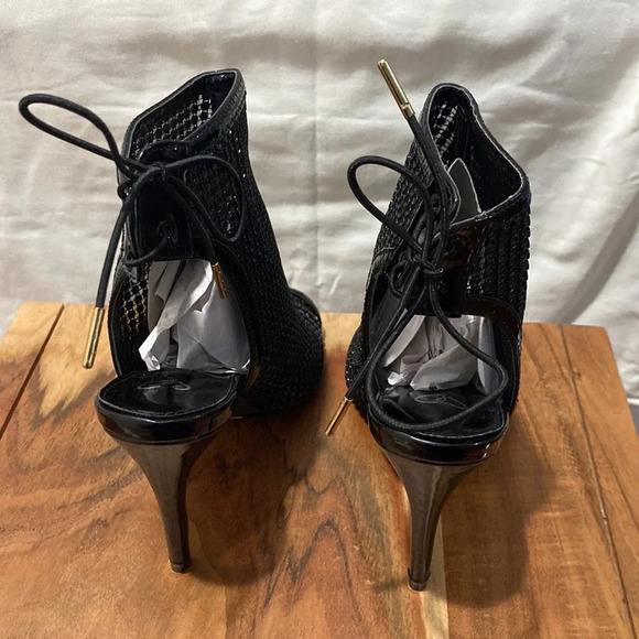 Sexy Black Peeptoe Rhinestone Mesh Strappy Lace Up High Heel Booties Size 7.5 - Picture 5 of 7